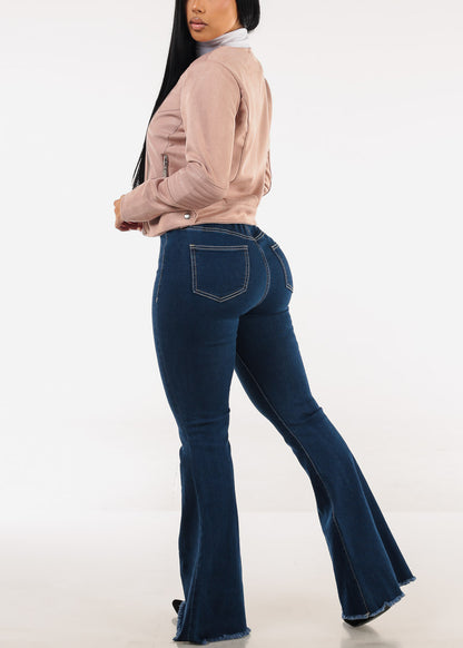 High Waisted  Stretch Flared Jeans Dark Wash w Suspenders