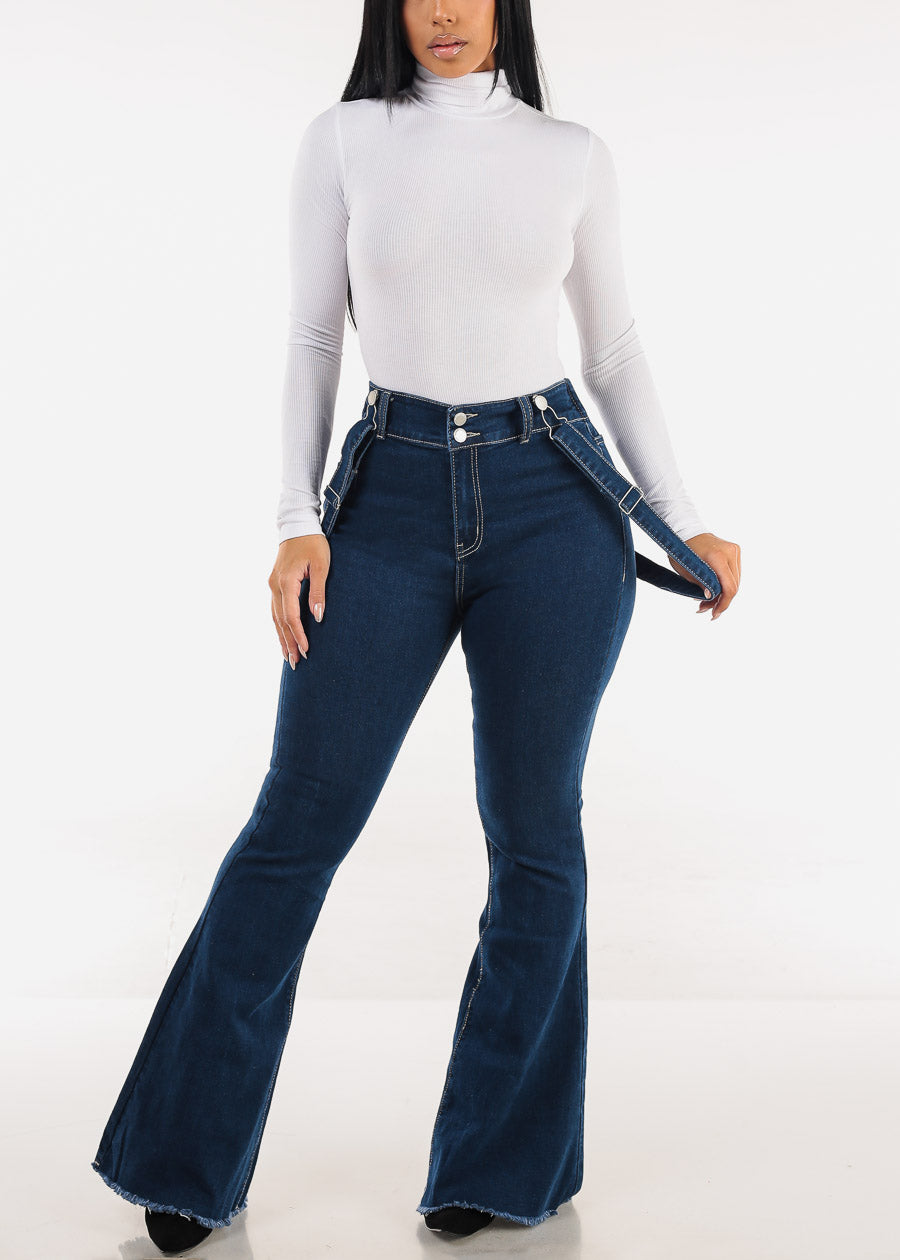 High Waisted  Stretch Flared Jeans Dark Wash w Suspenders