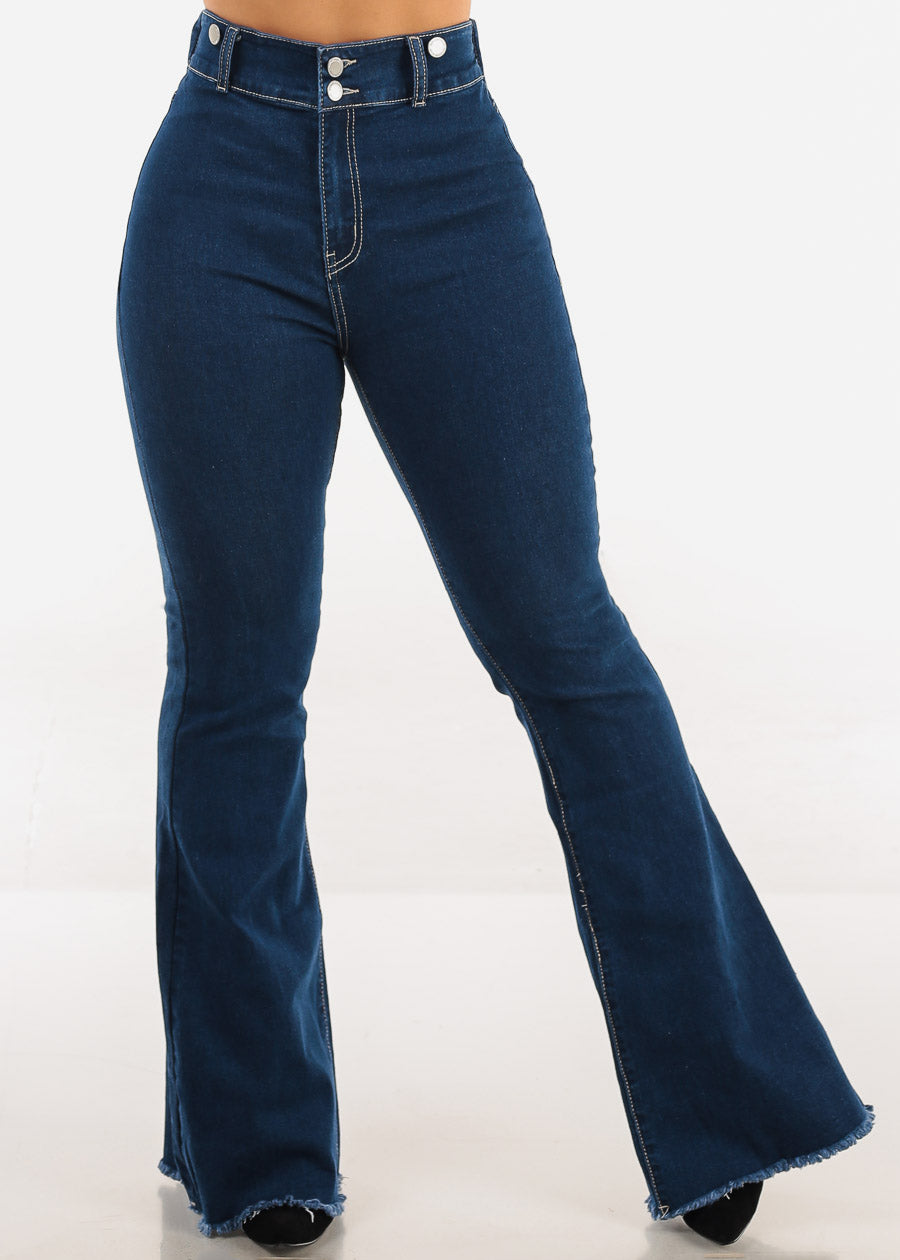 High Waisted  Stretch Flared Jeans Dark Wash w Suspenders
