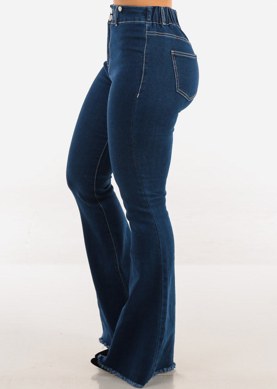 High Waisted  Stretch Flared Jeans Dark Wash w Suspenders