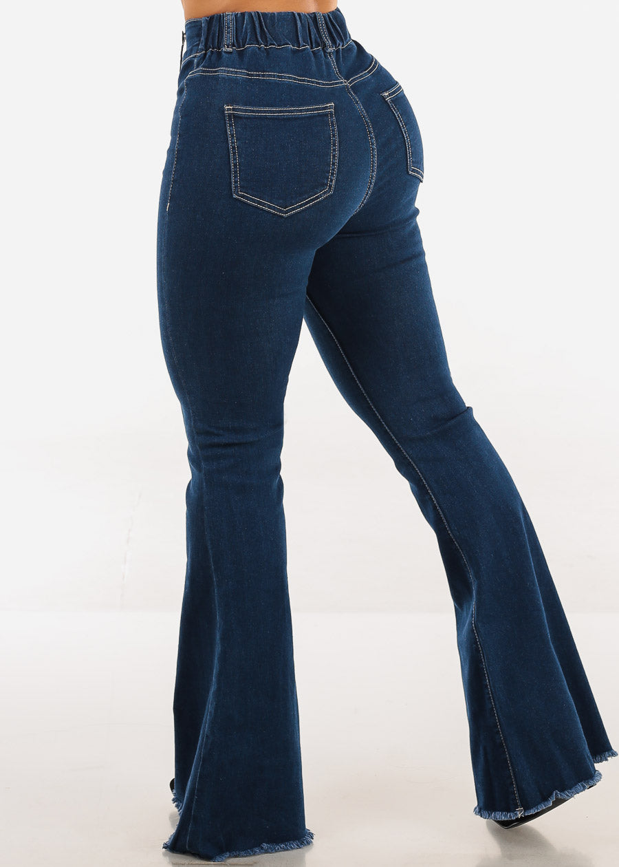 High Waisted  Stretch Flared Jeans Dark Wash w Suspenders