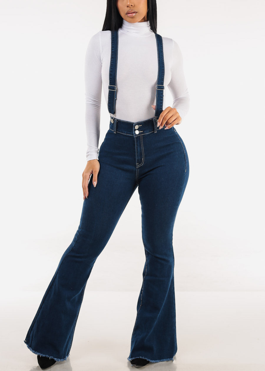 High Waisted  Stretch Flared Jeans Dark Wash w Suspenders
