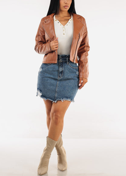 Distressed Med Blue Denim Mini Skirt w Belt