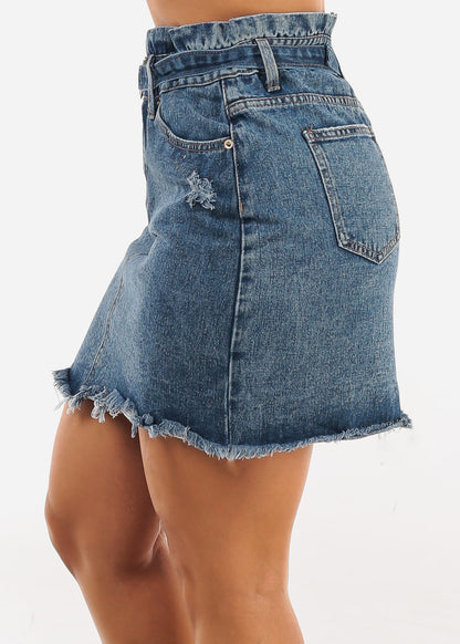 Distressed Med Blue Denim Mini Skirt w Belt