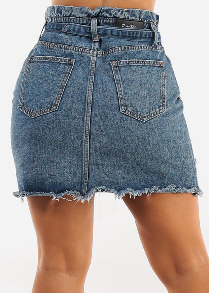 Distressed Med Blue Denim Mini Skirt w Belt