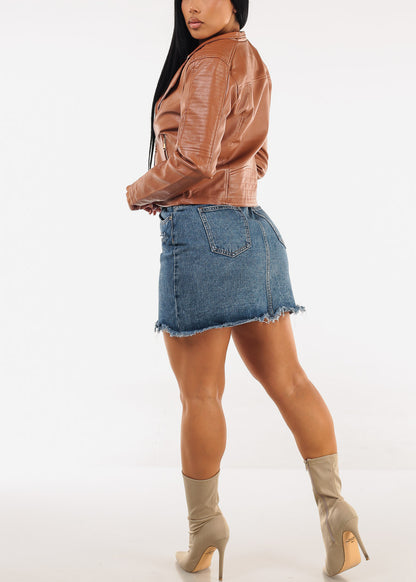Distressed Med Blue Denim Mini Skirt w Belt