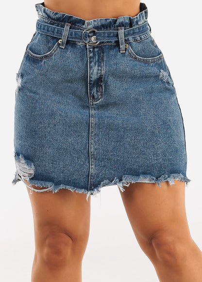 Distressed Med Blue Denim Mini Skirt w Belt