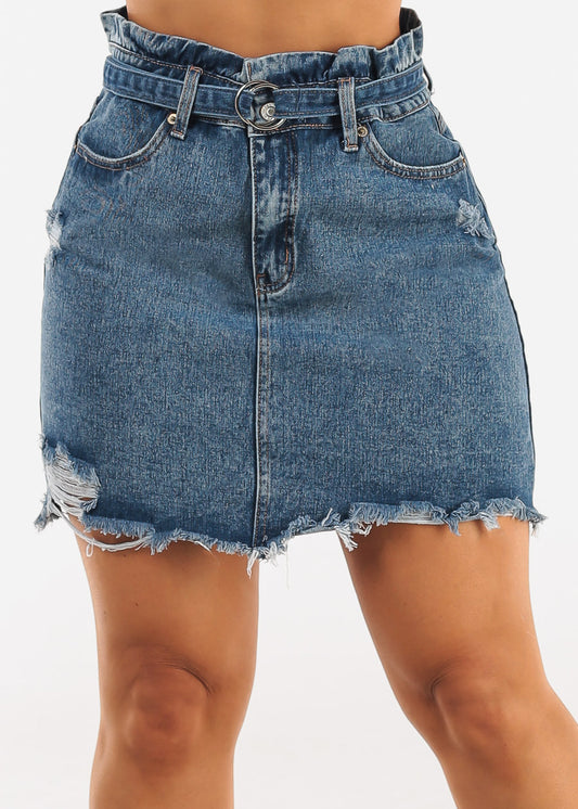 Distressed Med Blue Denim Mini Skirt w Belt