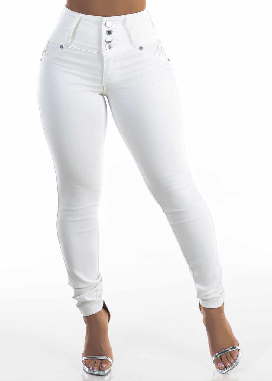 MX JEANS Butt Lift High Waist Stretch Skinny Jeans White w Back Pocket Design