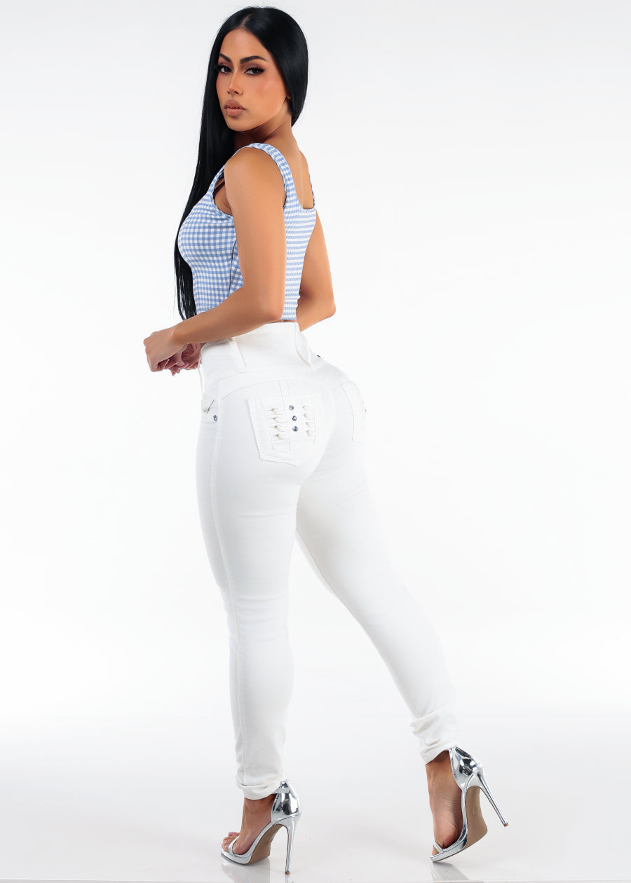 MX JEANS Butt Lift High Waist Stretch Skinny Jeans White w Back Pocket Design