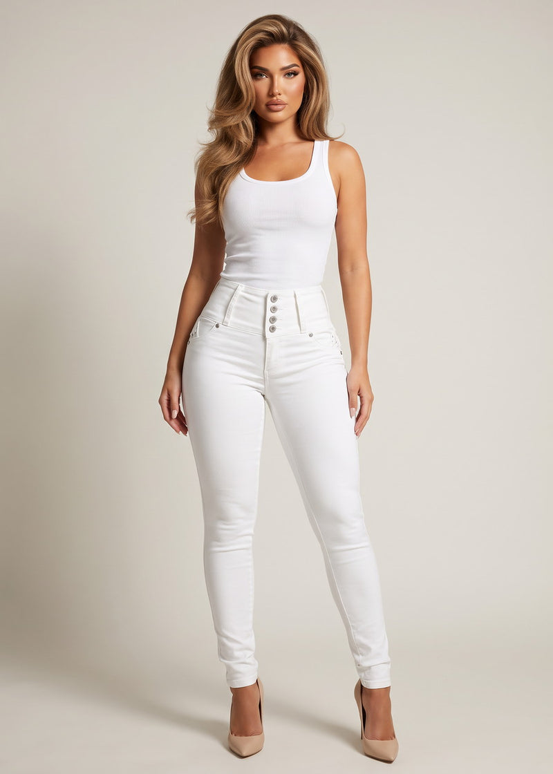 MX JEANS Butt Lift High Waist Stretch Skinny Jeans White w Back Pocket Design