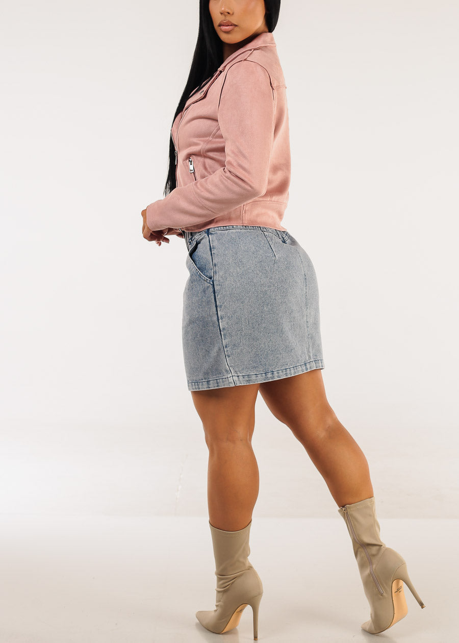 High Waist Denim Mini Skirt w Pockets