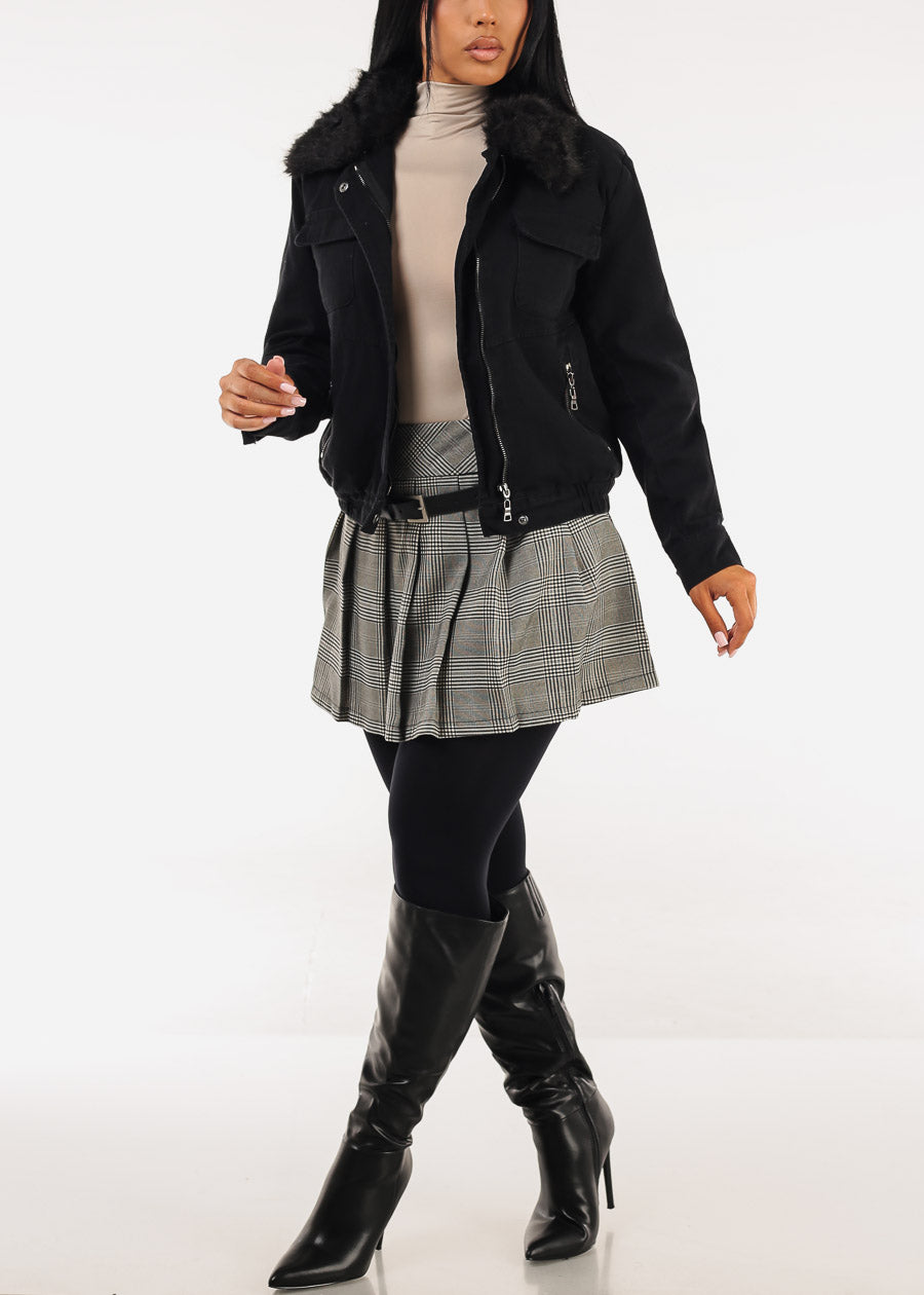 Black Zip Up Cotton Jacket w Faux Fur