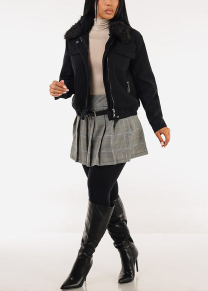 Black Zip Up Cotton Jacket w Faux Fur