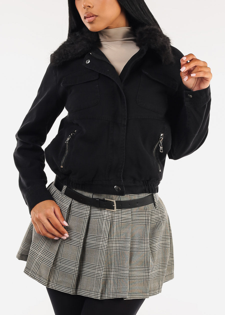 Black Zip Up Cotton Jacket w Faux Fur