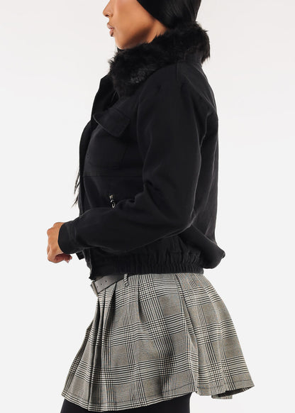 Black Zip Up Cotton Jacket w Faux Fur