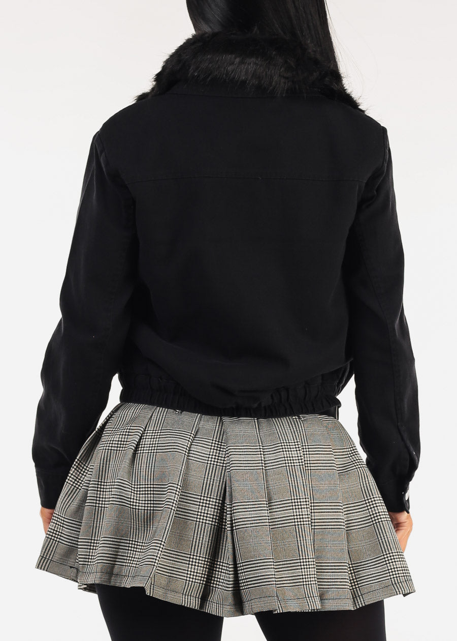 Black Zip Up Cotton Jacket w Faux Fur
