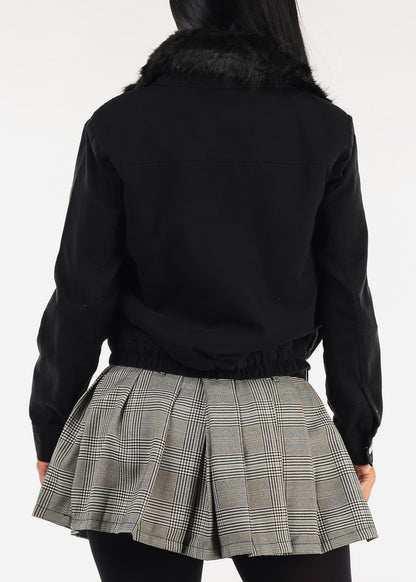 Black Zip Up Cotton Jacket w Faux Fur