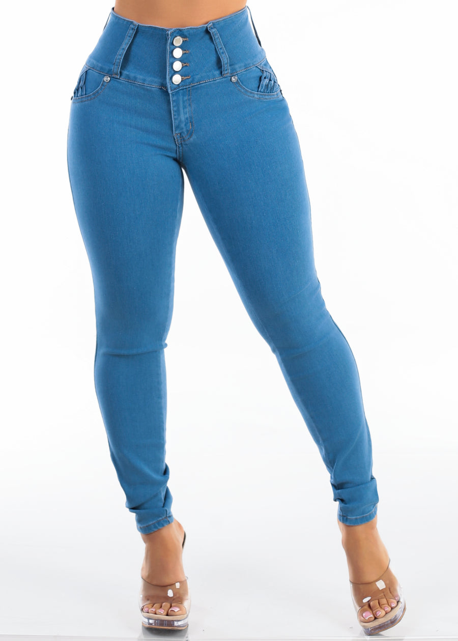 MX JEANS Butt Lift High Waist Stretch Skinny Jeans Med Wash w Back Pocket Design