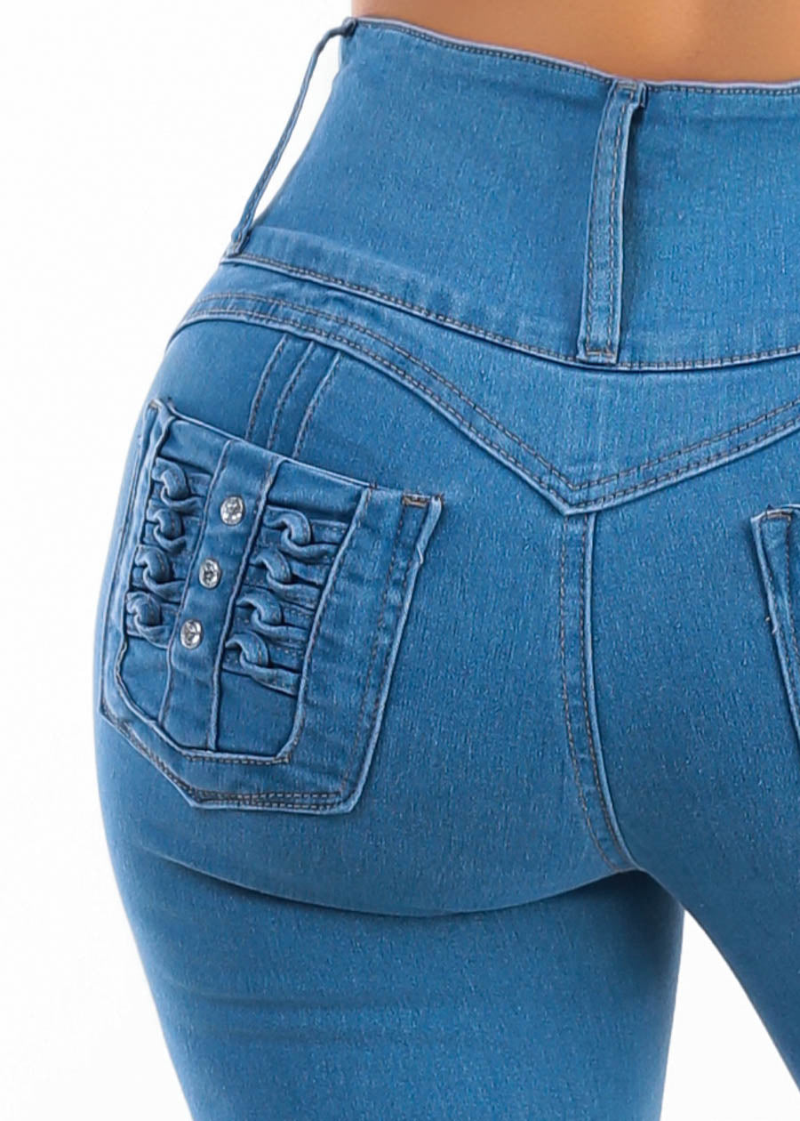 MX JEANS Butt Lift High Waist Stretch Skinny Jeans Med Wash w Back Pocket Design