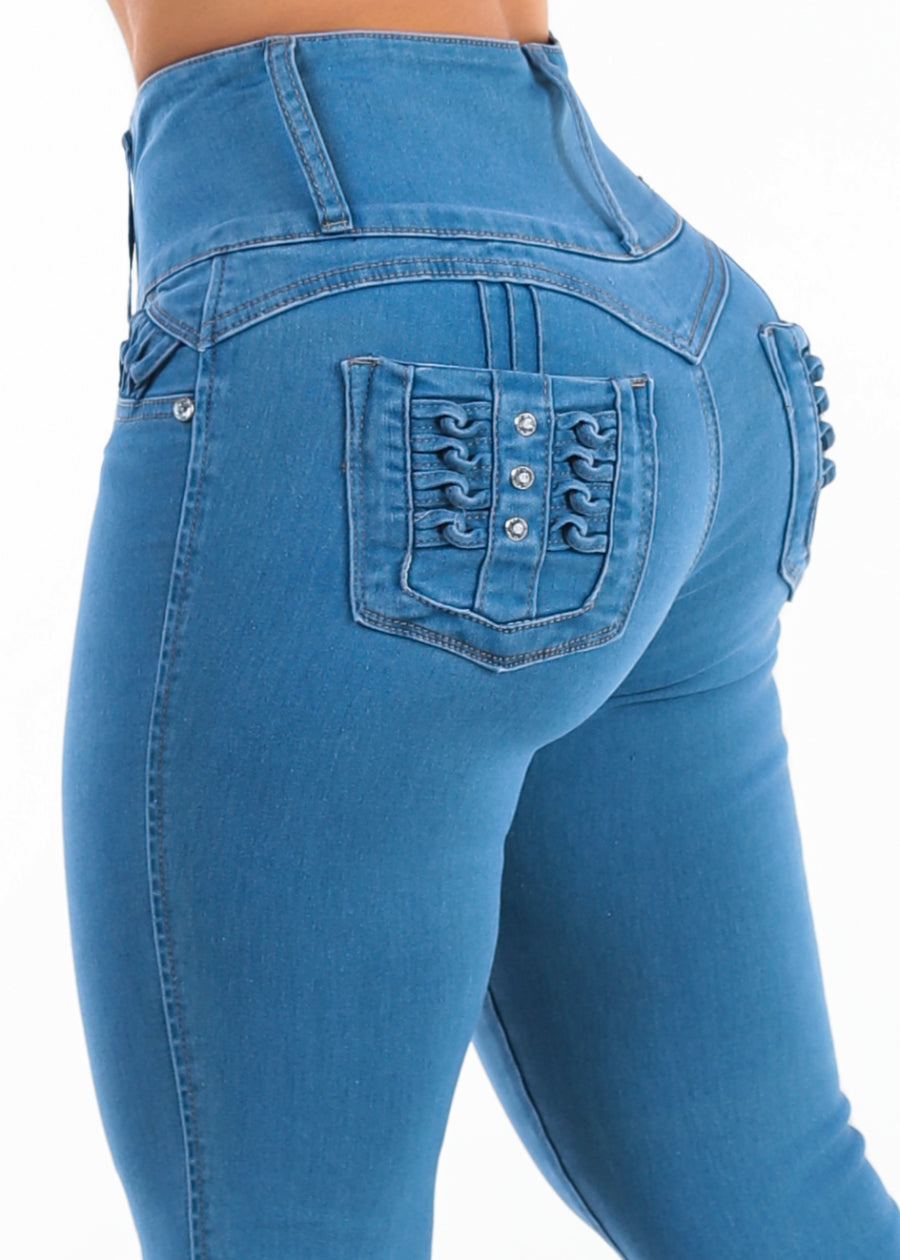 MX JEANS Butt Lift High Waist Stretch Skinny Jeans Med Wash w Back Pocket Design