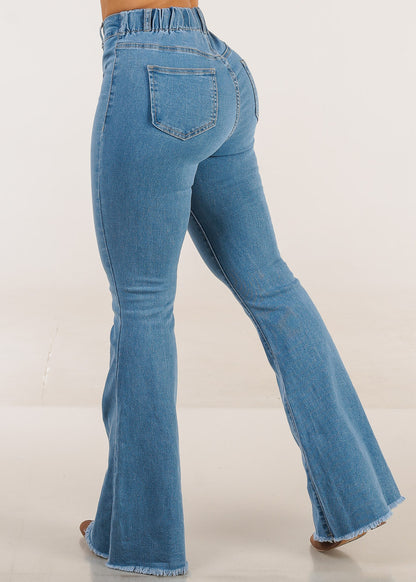 High Waisted  Stretch Flared Jeans Med Wash w Suspenders