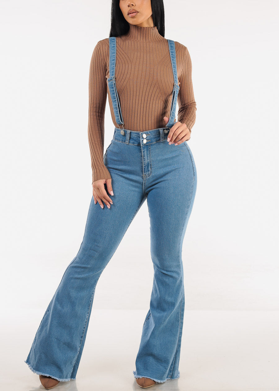 High Waisted  Stretch Flared Jeans Med Wash w Suspenders