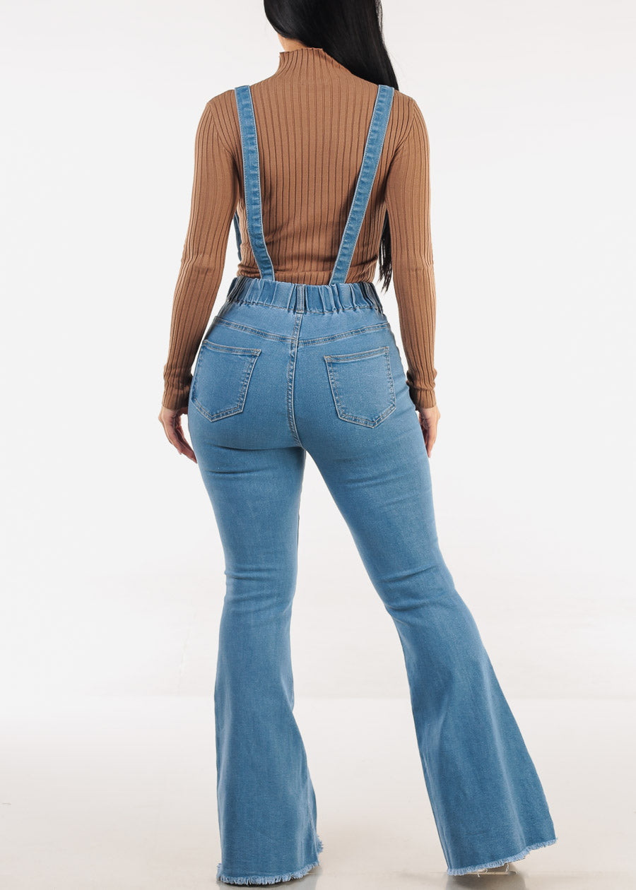 High Waisted  Stretch Flared Jeans Med Wash w Suspenders
