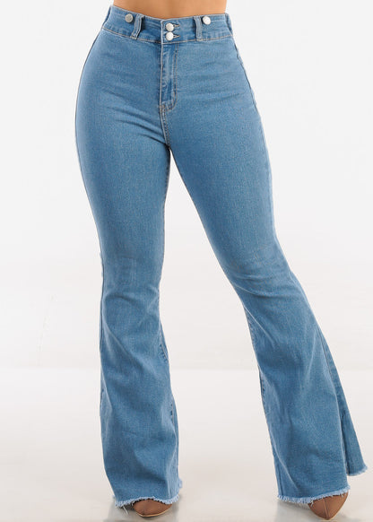 High Waisted  Stretch Flared Jeans Med Wash w Suspenders