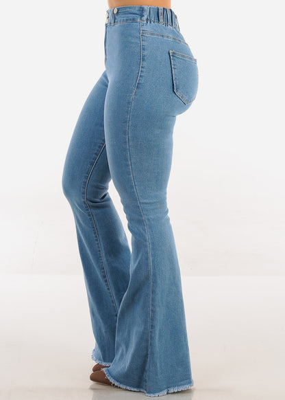 High Waisted  Stretch Flared Jeans Med Wash w Suspenders