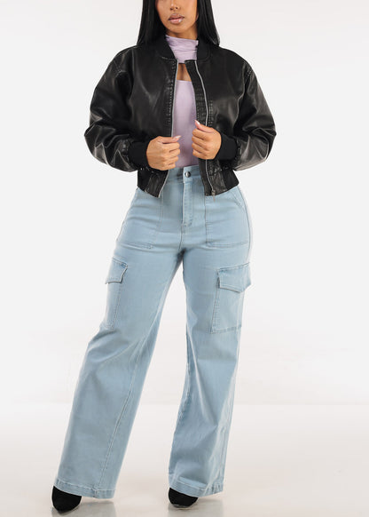 Super High Waist Stretch Wide Leg Cargo Jeans Light Blue