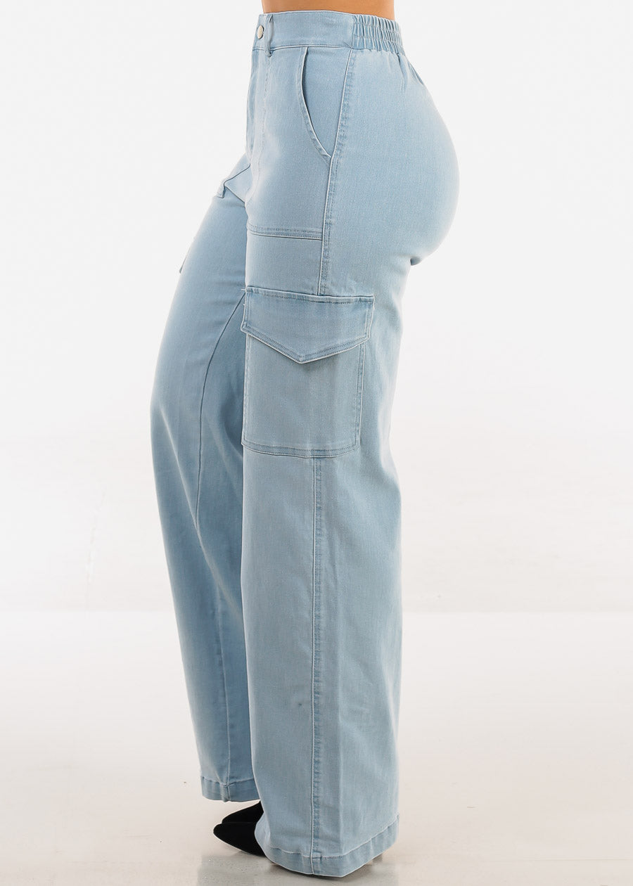 Super High Waist Stretch Wide Leg Cargo Jeans Light Blue