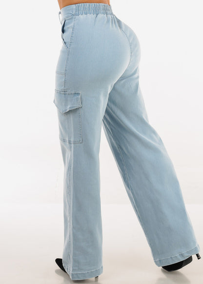 Super High Waist Stretch Wide Leg Cargo Jeans Light Blue