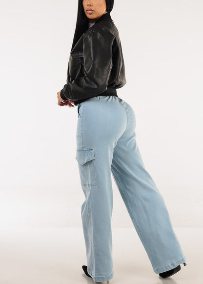 Super High Waist Stretch Wide Leg Cargo Jeans Light Blue