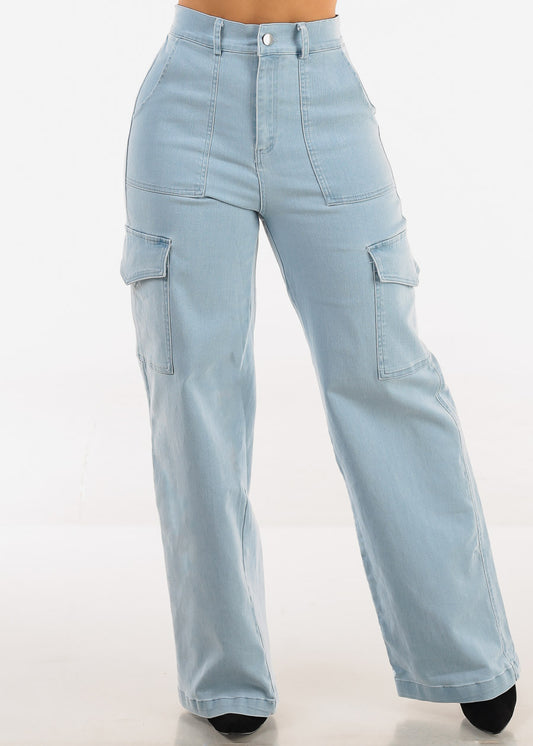 Super High Waist Stretch Wide Leg Cargo Jeans Light Blue