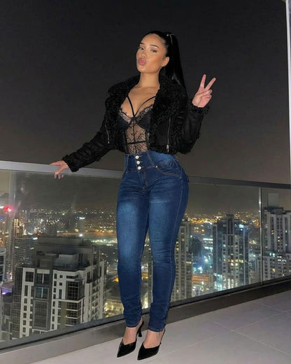 MX JEANS Braided Pocket Butt Lifting Dark Blue Skinny Jeans