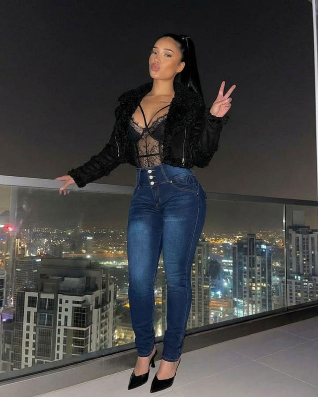 MX JEANS Braided Pocket Butt Lifting Dark Blue Skinny Jeans