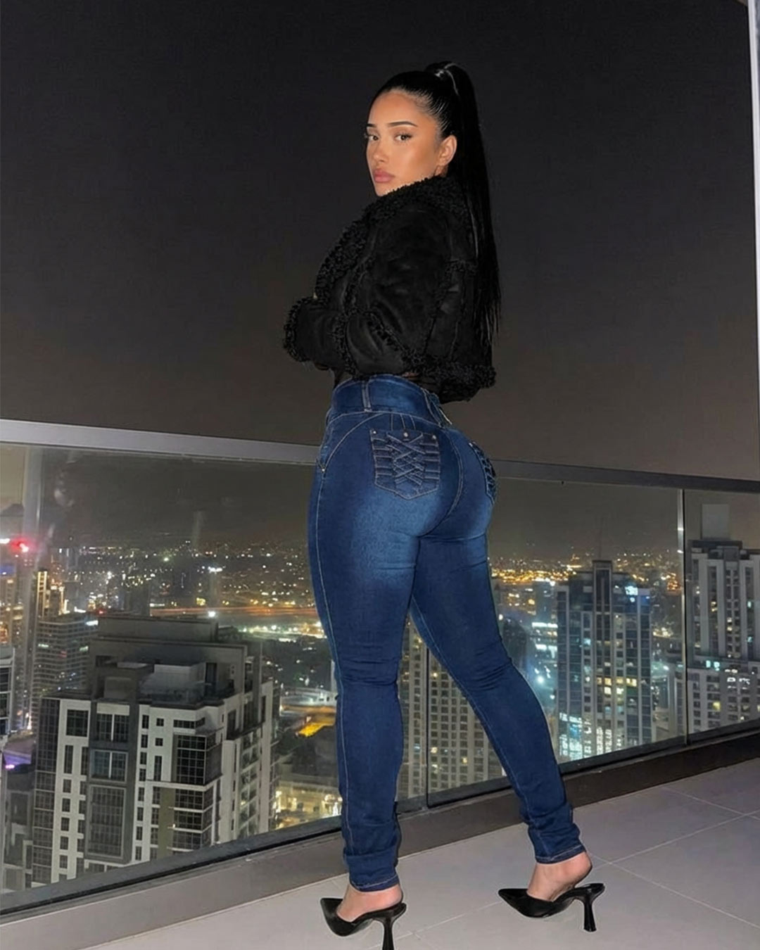 MX JEANS Braided Pocket Butt Lifting Dark Blue Skinny Jeans