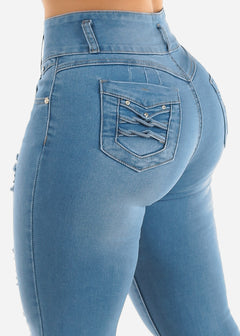 High Waist Distressed Levantacola Skinny Jeans Light Blue