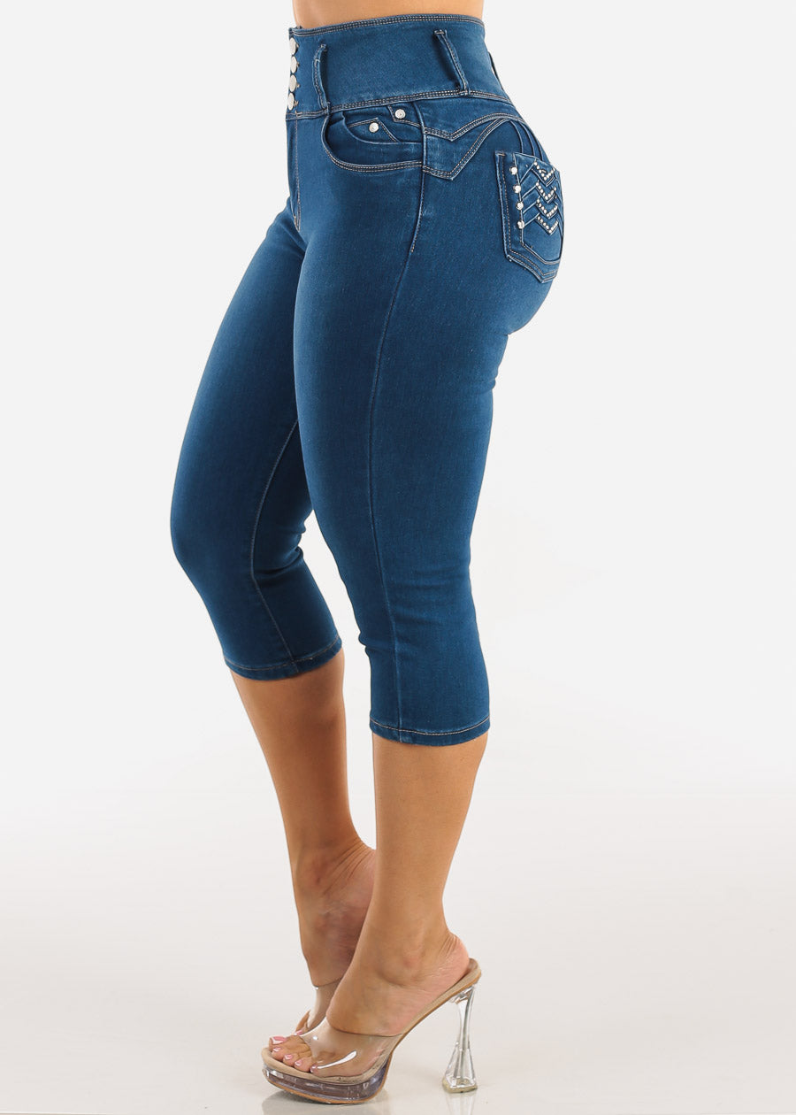 MX JEANS Butt Lift High Waist Stretch Denim Capris Indigo