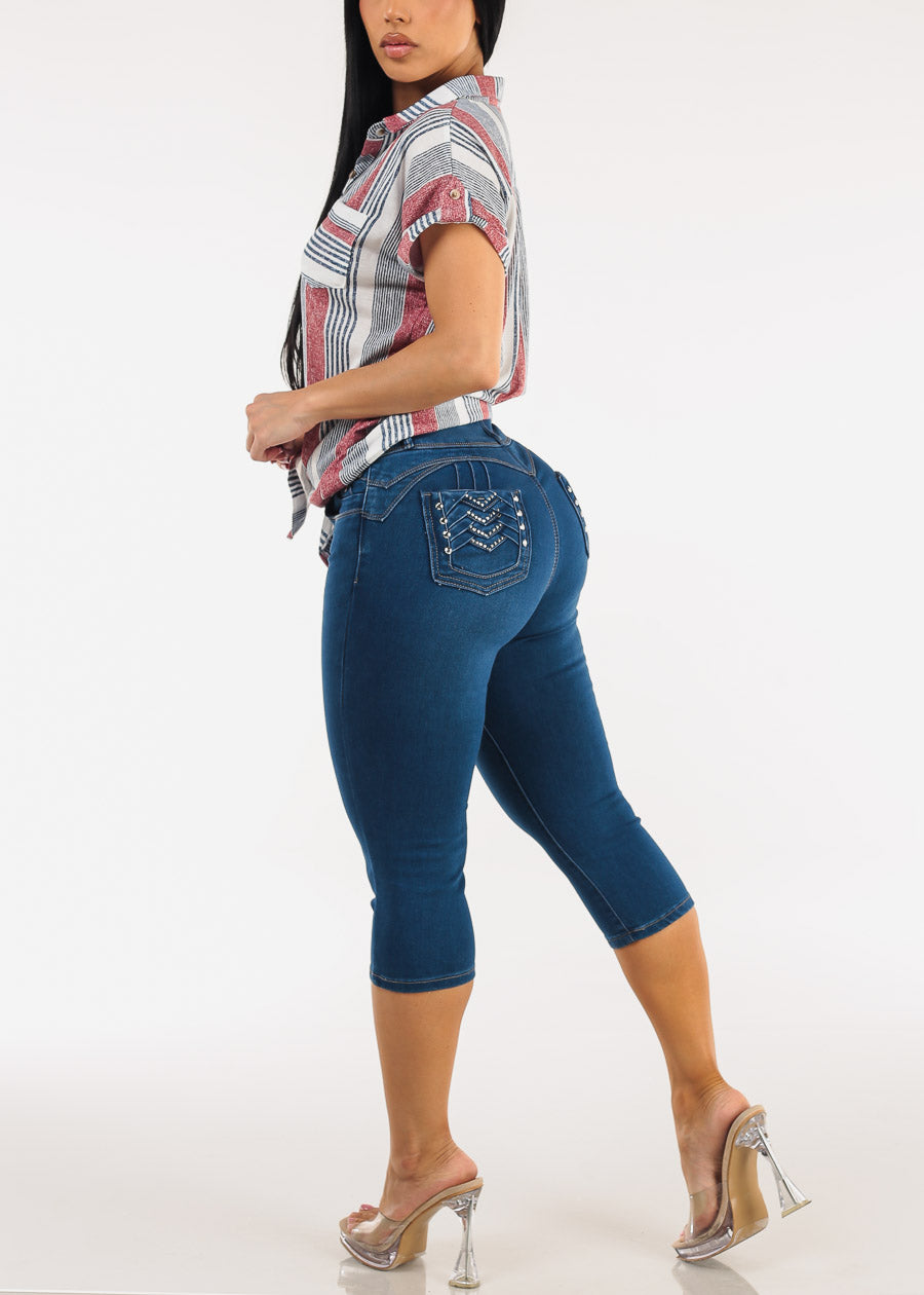 MX JEANS Butt Lift High Waist Stretch Denim Capris Indigo