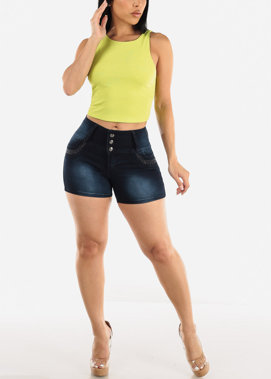 Mid Rise Butt Lifting Denim Shorts Dark Blue