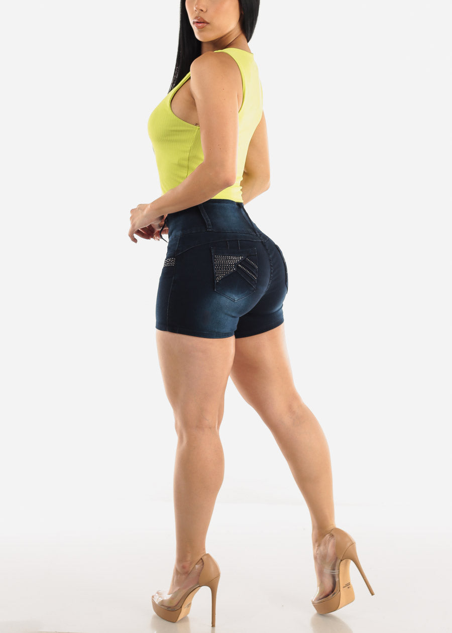 Mid Rise Butt Lifting Denim Shorts Dark Blue