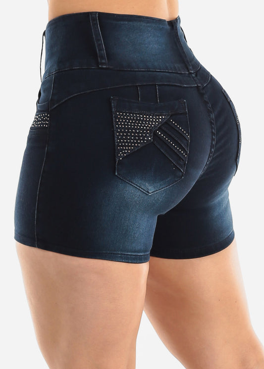 Mid Rise Butt Lifting Denim Shorts Dark Blue