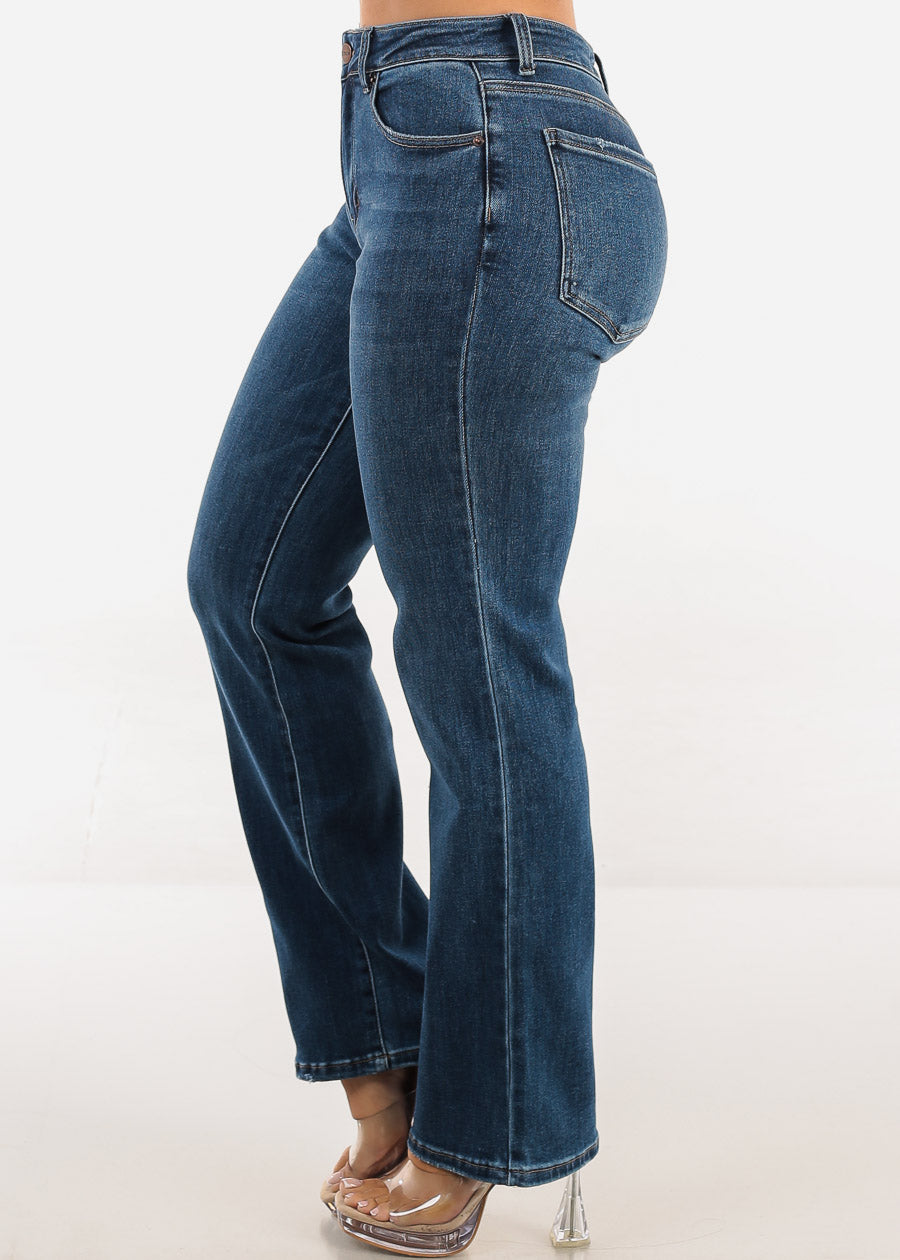 High Waist Straight Wide Leg Stretch Jeans Med Blue