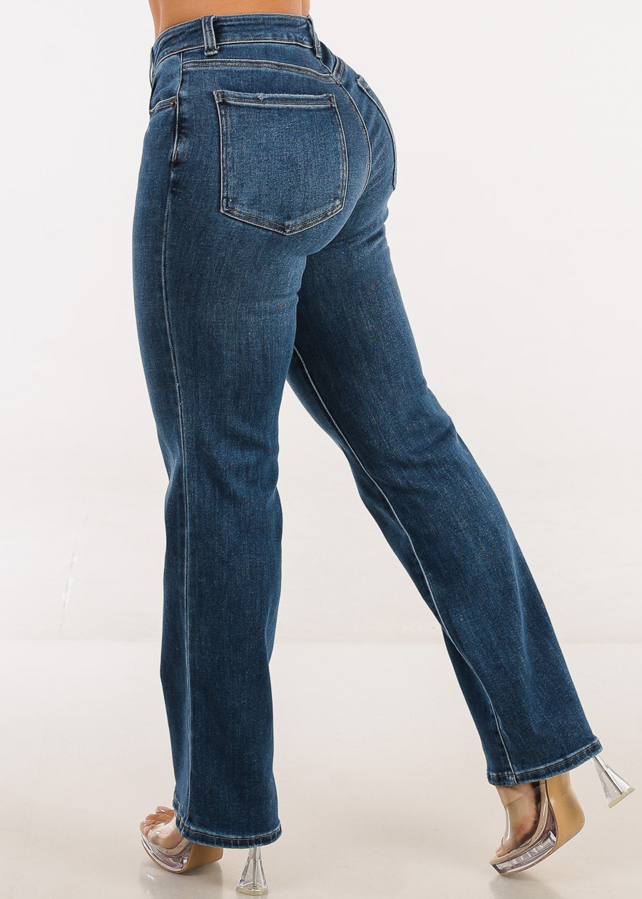 High Waist Straight Wide Leg Stretch Jeans Med Blue