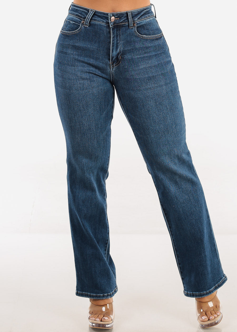 High Waist Straight Wide Leg Stretch Jeans Med Blue