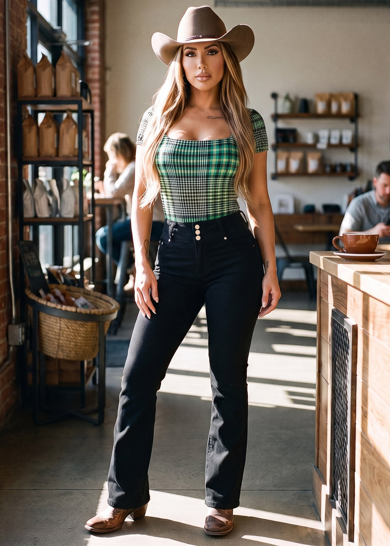 Plaid Square Neck Short Sleeve Stretch Bodysuit Green