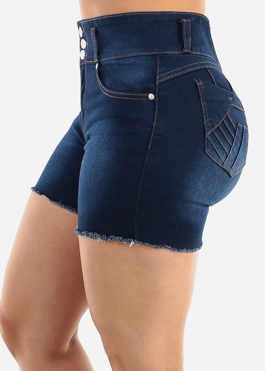 Super High Waist Butt Lift Dark Denim Shorts w Raw Hem