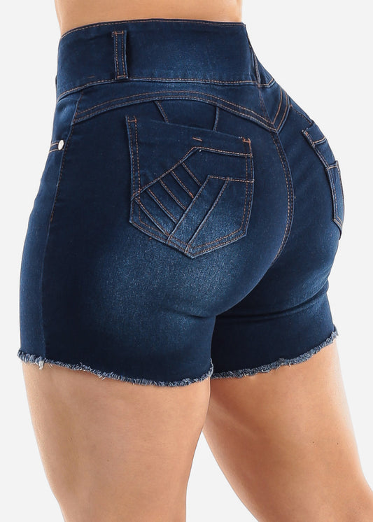 Super High Waist Butt Lift Dark Denim Shorts w Raw Hem